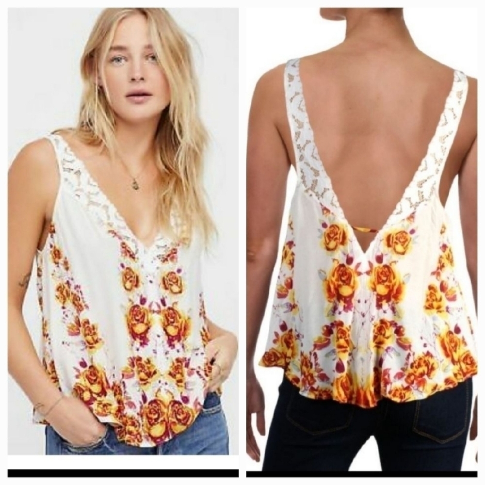 Free people Sz XS Cami Lace Morning Rose Floral Open Back Intimately